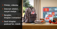 Telefon, kitaplar, dergiler, laptop, kulaklık, bir televizyon ve sırt çantasındaki bir tablet. Potansiyel pornografi kaynaklarının bir listesi: 1. Filmler, videolar. 2. İnternet siteleri, sosyal medya. 3. Dergiler, kitaplar (romanlar). 4. Sesli kitaplar, podcast’ler, müzik.