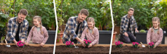 Imágenes de un padre enseñándole a su hija pequeña a plantar flores. 1. Él planta algunas flores mientras ella lo mira. 2. Él ayuda a su hija a plantar algunas flores. 3. Él la observa mientras ella planta algunas flores por sí misma.