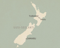 Uuden-Seelannin kartta. Paikat (pohjoisesta etelään): Turangi, Hautu (vankileiri) ja Oamaru.