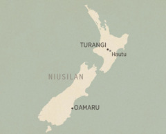 Map blong Niusilan. Ol ples we mifala i makem (stat long not i go long saot) hemia: Turangi, Hautu (kamp we i olsem kalabus), mo Oamaru.