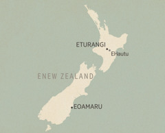 Imaphu yaseNew Zealand. Iindawo ezibonisiweyo (ukusuka emntla ukuya emzantsi) yiTurangi, iHautu (inkampu), neOamaru.