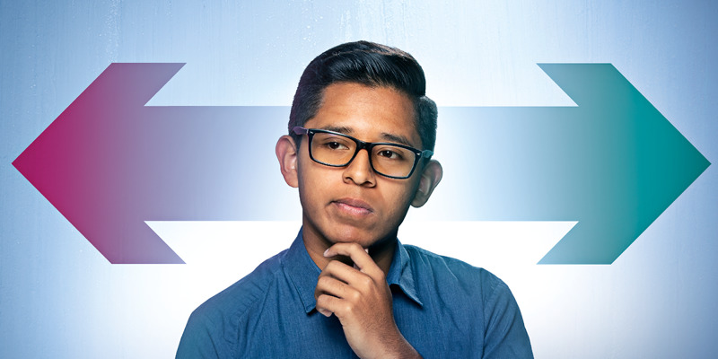 A teenage boy making a decision. There are graphic arrows behind him that represent right and wrong.