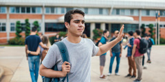 A teenage boy waving his hand in disgust as he walks away from school and a group of students.