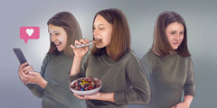 系列图片：1．一个年轻女孩微笑着在看自己在社交平台上的点赞数；2．这个女孩手里拿着一大碗糖果在吃；3．这个女孩把手放在肚子上，看起来很难受