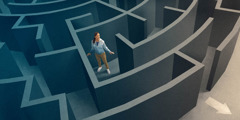 Seorang gadis muda sedang mencari jalan keluar dari sebuah labirin.