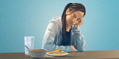 O adolescentă bolnavă uitându-se în gol; ea nu se atinge de mâncarea pe care o are în fața ei