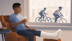 A teenage boy with his leg in a cast, looking out a window at cyclists riding by.