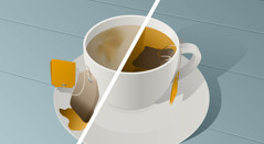 Gambar sebuah gelas berisi teh yang terbagi dua oleh sebuah garis. Yang kiri, tehnya hanya dicelupkan sebentar dan warna tehnya tidak pekat. Yang kanan, tehnya dicelupkan lebih lama dan warna tehnya pekat.