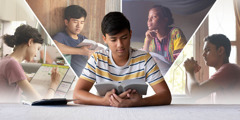 A teenage boy reading the Bible. Collage: 1. A teenage girl writes down her Bible reading schedule on a calendar. 2. A teenage boy sits in a quiet place and reads the Bible. 3. A teenage girl thinks deeply about what she is reading in the Bible. 4. A teenage boy prays.
