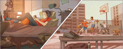 Két ellentétes jelenet, hogy mivel tölti egy tizenéves fiú az idejét. 1. Az ágyán fekszik, a fején fejhallgató, és a telefonját nyomkodja. 2. Kosárlabdázik a szabadban a barátaival.