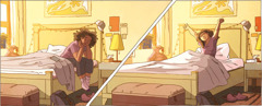 Een meisje in twee verschillende scenario’s. 1. Ze heeft moeite om haar bed uit te komen. 2. Ze zit rechtop in bed en rekt zich tevreden uit.
