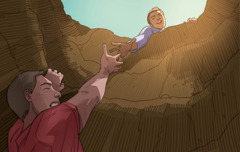 A young man in distress, reaching up from the bottom of a pit to grasp the hand of a helpful man who is reaching down from the top.