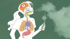 رسم لشابة تدخِّن سيجارة إلكترونية.‏ والأجزاء الملونة في جسمها هي أعضاء معرَّضة للخطر:‏ ١-‏ الدماغ.‏ ٢-‏ الفم.‏ ٣-‏ الرئتان،‏ القلب،‏ والمعدة