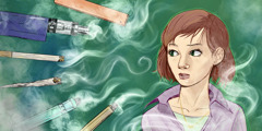 A concerned young woman surrounded by smoke and vapor from various cigarettes and vaping devices.