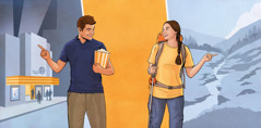 Paret har olika åsikter. Collage: 1. Han håller i en förpackning popcorn och pekar på en biograf. 2. Hon har på sig en ryggsäck och håller i en vandringsstav och pekar mot naturen.