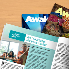 Varias revistas “¡Despertad!” en una mesa. Una está abierta en el artículo “Los jóvenes preguntan: ¿Soy adicto a los medios electrónicos?”.