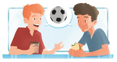 Two teenage boys talking with each other while eating lunch. A speech bubble above them shows a soccer ball.