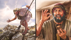 Collage: Two men in Jesus’ illustrations. 1. A man digs in a field and looks surprised at what he finds. 2. Another man holds up a pearl and smiles.