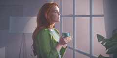 En kvinne som er hjemme, ser ut av et vindu.