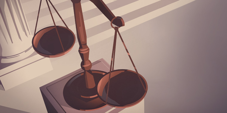 A woman looking at the scales of justice, which are mounted on a high pedestal.