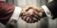 一名神职人员和一名商人握手，他们一个戴着奢华的金首饰，一个戴着名贵的金手表。