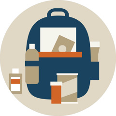 Una mochila de emergencia con comida, agua y medicinas.