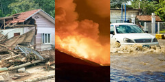 Collage: Enkele verwoestende gevolgen van extreem weer. 1. Een zwaar beschadigd huis te midden van puin en omgevallen bomen. 2. Een bosbrand die over een berghelling raast. 3. Een overstroomde straat met een auto die deels onder water staat.