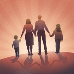 Una familia camina de la mano hacia el horizonte.