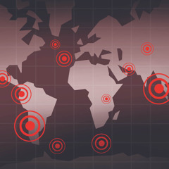 Points on a world map, indicating significant earthquakes.