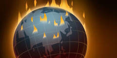 Глобално загревање приказано планетом Земљом коју гута пламен.