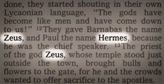 성경의 한 페이지. 제우스, 헤르메스라는 이름이 밝게 표시되어 있다.