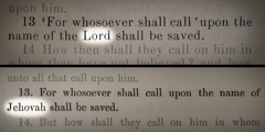 Conjunto de imagens: Romanos 10:13 em duas traduções da Bíblia. 1. A “Versão King James” com o título “Senhor” em destaque. 2. A tradução de 1864 de Parker com o nome “Jeová” em destaque.