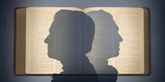 The silhouettes of two men facing opposite directions in front of an open Bible.
