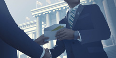 Two men shaking hands outside a government building. One of the men is handing the other man an envelope filled with money.