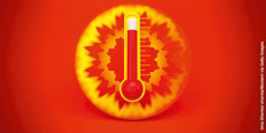 Un termometru indicând temperaturi extrem de mari pe un fundal roșu aprins