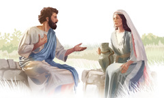 Jesus conversing respectfully with a woman at a well.