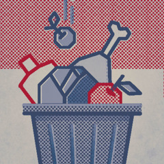 Стилизованное изображение мусорного бака с испортившимися продуктами.