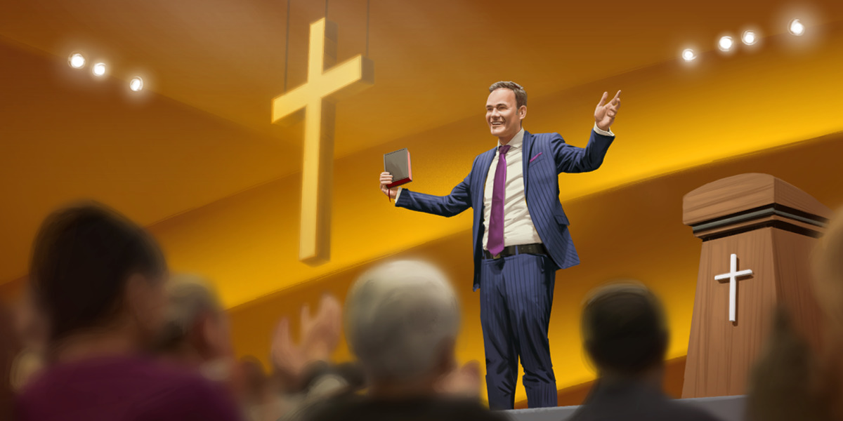 A religious leader holding a Bible and speaking to an applauding audience.