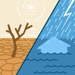 Koláž: 1. Suchem popraskaná země a vyschlý strom. 2. Dům do poloviny zaplavený vodou kvůli přívalovým dešťům.