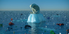 A dirty polar bear sitting sadly on a dwindling chunk of ice floating in an ocean littered with garbage.