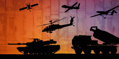 各种战机以及军用车辆的剪影，背景是世界各地的货币。
