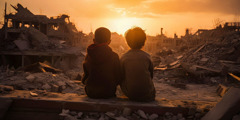 Dva fantka sedita skupaj in zreta v stavbe, ki so bile porušene v vojni.