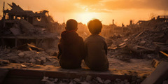 Dois meninos sentados juntos, olhando para uma cidade que foi destruída pela guerra.