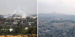 Collage: Panorama of areas affected by the war in the Middle East. 1. Explosions in a town in the Gaza Strip. 2. View of Jerusalem after a missile attack.