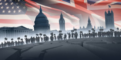 Government buildings with the national flags of the United States and Britain waving behind them. A large group of protesters stand in front of the buildings while the ground cracks beneath them.