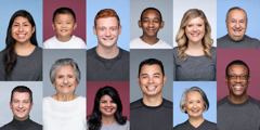 Um conjunto de fotos de homens e mulheres de várias idades sorrindo.