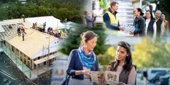 Collage: Various religious and humanitarian activities of Jehovah’s Witnesses that are supported by donations. 1. Witnesses construct a Kingdom Hall. 2. A Witness relief work volunteer hands a case of water to a woman who is in need. 3. Near a literature display, a Witness talks to a woman about a topic in the “Enjoy Life Forever” brochure.