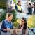 Collage: Various religious and humanitarian activities of Jehovah’s Witnesses that are supported by donations. 1. A Witness relief work volunteer hands a case of water to a woman who is in need. 2. Near a literature display, a Witness talks to a woman about a topic in the “Enjoy Life Forever” brochure.