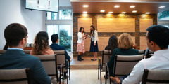 Two students presenting a skit at the Pioneer Service School. Other students listen attentively.