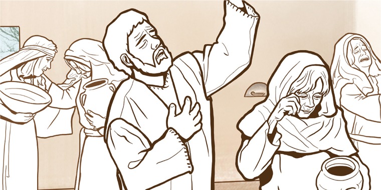 Peter praying and women weeping over Tabitha’s death